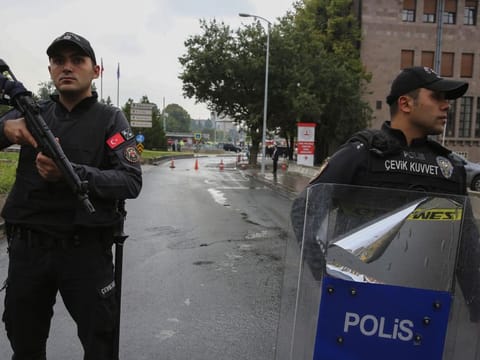 Turkish security forces cordon off an area after an explosion in Ankara on October 1, 2023.  