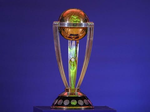 The ICC Cricket World Cup displayed during the 'Captains’ Day', an interaction session between the captains of participating teams with the media at the Narendra Modi Stadium in Ahmedabad on October 4, 2023. The tournament begins on October 5 with the match between England and New Zealand. 