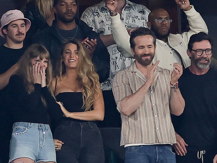 From left, Taylor Swift, Blake Lively and Ryan Reynolds react during the first quarter of an NFL football game between the New York Jets and the Kansas City Chiefs, Sunday, Oct. 1, 2023, in East Rutherford, N.J. 