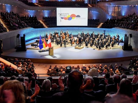 A ceremony to celebrate of the German reunification at the Elbpharmonie in Hamburg, Germany, on October 3, 2023. The reunification is celebrated as a national holiday in Germany, marked by various events and festivities. It is generally viewed with pride and as a symbol of progress.  