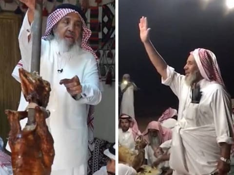 A screen garb of Mohammed Ebrahim greeting his guests (right). His guesthouse contains a quasi-museum featuring rare heritage items and mummified animals to entertain the guests.