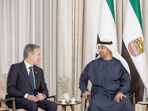 UAE President His Highness Sheikh Mohamed bin Zayed Al Nahyan (right), meets with Antony Blinken, United States Secretary of State, at Shati Palace, in Abu Dhabi. 