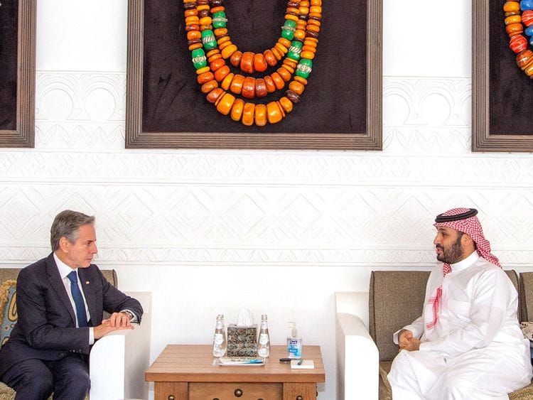 Saudi Crown Prince Mohammad Bin Salman during his talks with Blinken in Riyadh on Sunday.