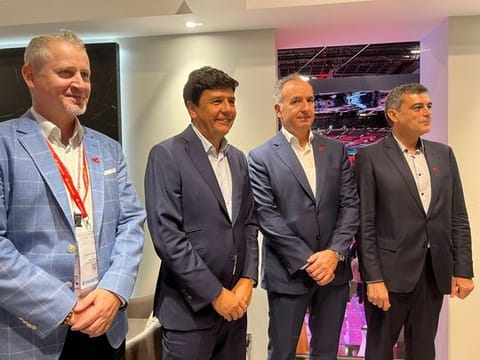 Salvador Anglada, CEO, e& enterprise; Alberto Araque, CEO, e& enterprise IoT & AI; Miguel Angel Villalonga, CEO, e& enterprise Cloud; and Stephan Berner, CEO, HelpAG; at Gitex Global 2023 on Tuesday.