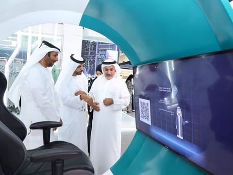Sultan Butti Bin Mejren, Director General of the Dubai Land Department; Abdulqader Mousa, Chairman of the RDC; and Khalifa Al Zeraim Al Suwaidi; discuss the Dubai Land Department's RDC's new digital initiatives at Gitex Global 2023 on Tuesday.