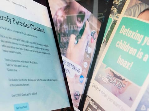 A sales page on a website next to multiple screens displaying TikTok videos about detoxing children.