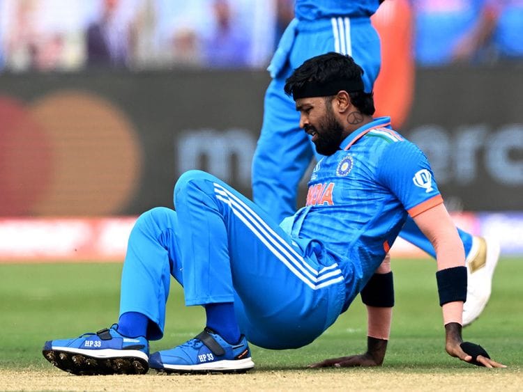 India's Hardik Pandya falls on the field 
