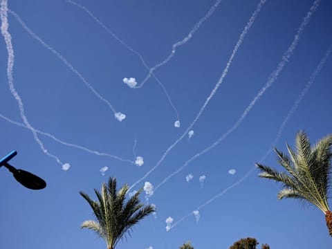 Rockets fired from the Gaza Strip intercepted by Israel's Iron Dome defence missile system.