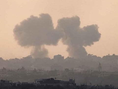 A picture taken from Israel's southern city of Sderot shows smoke billowing during an Israeli strike on Gaza on October 22, 2023.