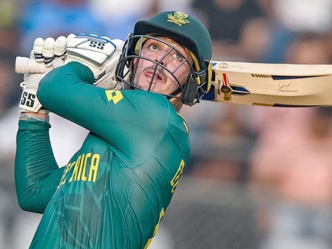 South Africa's Quinton de Kock plays a shot during the 2023 ICC Men's Cricket World Cup match against Bangladesh at the Wankhede Stadium in Mumbai on October 24, 2023. 