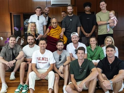 The New Zealand team members pose with Dalai Lama at his residence in McLeodganj. 