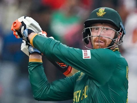 South Africa's Heinrich Klaasen plays a shot during the 2023 ICC Men's Cricket World Cup match against Bangladesh at the Wankhede Stadium in Mumbai on October 24, 2023. 