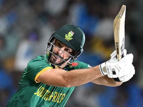South Africa's Aiden Markram plays a shot during the 2023 ICC Men's Cricket World Cup match against Pakistan at the MA Chidambaram Stadium in Chennai on October 27, 2023. 