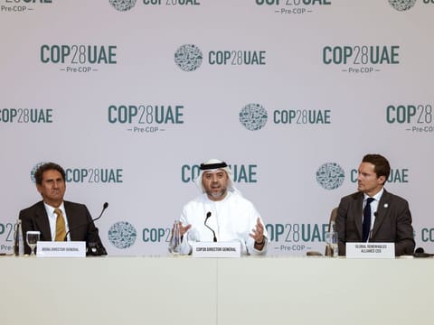 Ambassador Majid Al Suwaidi (centre), Director-General of COP28; Francesco La Camera (left), Director-General of IRENA; and Bruce Douglas (right), CEO of Global Renewables Alliance, during the 'Pre-COP' press conference at Emirates Palace in Abu Dhabi on Monday
