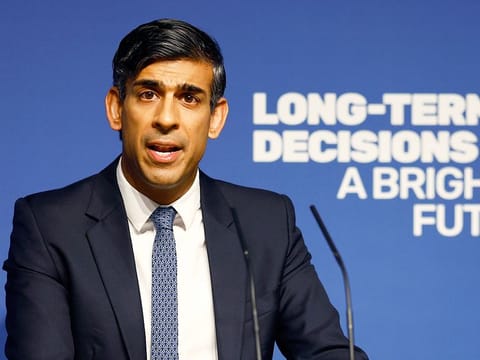 Britain's Prime Minister Rishi Sunak delivers a speech on AI at Royal Society, Carlton House Terrace, London, on October 26, 2023. Sunak will host a two-day summit focused on frontier AI. It's reportedly expected to be draw a group of about 100 officials from 28 countries, including US Vice President Kamala Harris and executives from key US artificial intelligence companies including OpenAI, Google's DeepMind and Anthropic. 