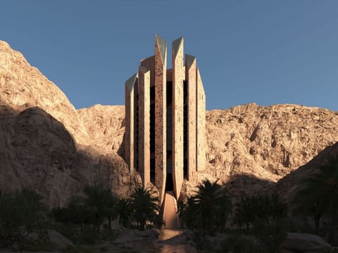 The planned Habitas Oasis resort shoots out of the ground in this rendering. The hotel in Leyja, part of Neom in Saudi Arabia, is expected to open in 2028.