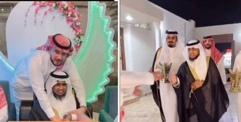 The happy-looking groom appears clad in traditional Saudi outfits including the Bisht, thawab and the headdress.