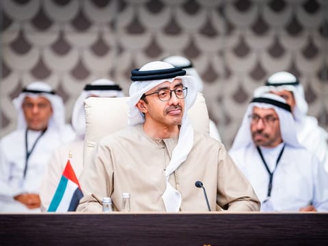 UAE's Minister of Foreign Affairs  Sheikh Abdullah bin Zayed Al Nahyan (centre) participates in the coordination meeting of Arab foreign ministers  held in Amman.