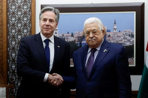 Blinken during his meeting with Abbas amid the ongoing conflict between Israel and Hamas, at the Muqata in Ramallah in the Israeli-occupied West Bank, November 5, 2023.  