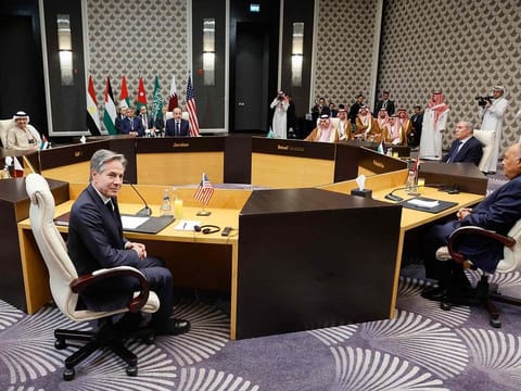US Secretary of State Antony Blinken attends a meeting with Jordan's Foreign Minister Ayman Safadi, Saudi Arabia's Foreign Minister Prince Faisal bin Farhan al-Saud, Qatar's Prime Minister and Foreign Minister Mohammed bin Abdulrahman al-Thani, United Arab Emirates Foreign Minister Abdullah bin Zayed al-Nahyan, Egyptian Foreign Minister Sameh Shoukry and Secretary General of the Executive Committee of the Palestine Liberation Organization (PLO) Hussein al-Sheikh.