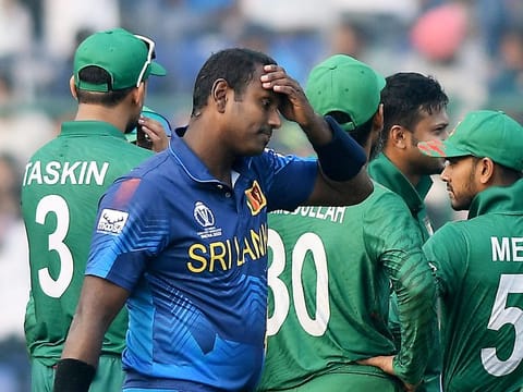 Sri Lanka's Angelo Mathews reacts after being 'timed out' during the match against Bangladesh in the ICC Men's Cricket World Cup 2023, at Arun Jaitley Stadium in New Delhi on Monday. 