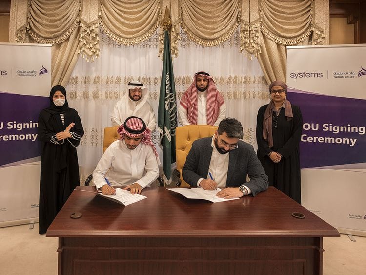 The Memorandum of Understanding was signed by Dr Jaber Almutairi (front row, left), CEO of Taibah Valley, and Rao Hamid Khan, General Manager of Systems Arabia, in the presence of Dr Abdulaziz Qablan Al Sarani, President of Taibah Valley; Alhanouf Alkhayyal, Director of Taibah Valley Academy; and Toima Asghar, Group Chief HR Officer – Systems Limited