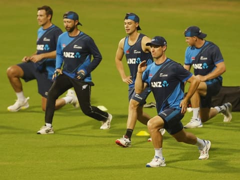 New Zealand players gearing up for the semifinals against India at Wankhede Stadium in Mumbai on Monday.