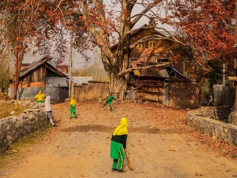 Kashmiri school children play cricket on the outskirts of Srinagar, Kashmir, Nov 10, 2023