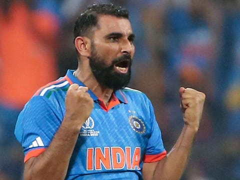 Indian pacer Mohammed Shami celebrates the dismissal of New Zealand's centurion Daryl Mitchell, one of his seven dismissal in the semi-finals on Wednesday.