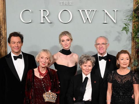 English actor Dominic West (from L), English actor Marcia Warren, Australian actor Elizabeth Debicki, English actor Imelda Staunton, Welsh actor Jonathan Pryce and English actor Lesley Manville.