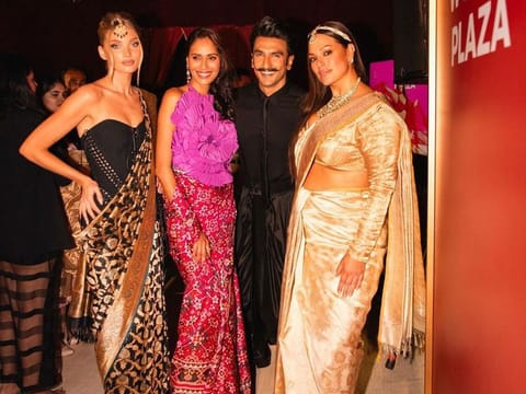 From left Elsa Hosk, a guest, Ranveer Singh and Ashley Graham 
