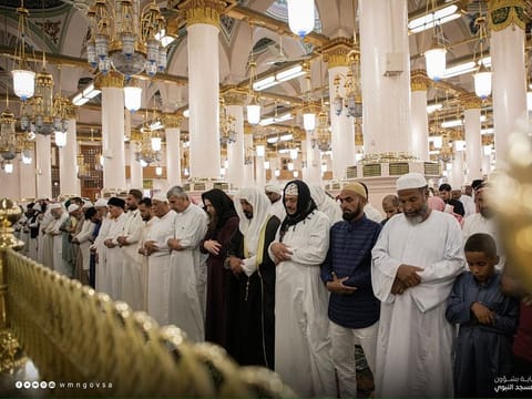 Worshippers attend prayers at the Prophet’s Mosque in Medina. 