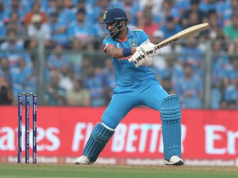 India's KL Rahul plays a cut to the boundary during his unbeaten 39 against New Zealand in the semi-finals in Mumbai on Wednesday.