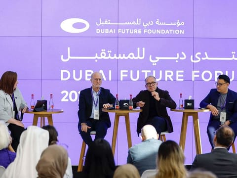 Prof. Paolo Dario, Dubai Future Labs, Pawel Swieboda, NeuroCentury and Ken Chua, (these)abilities, along with the moderator Melanie Subin, Future Today Institute, during the panel discussion on  ‘Bionic Being: Will Wearable Technology Provide Us with the Option of a New Sixth Sense?’ at Dubai Future Forum in Museum of the Future in Dubai.