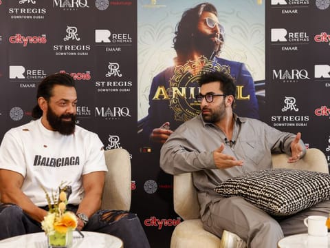 Ranbir Kapoor and Bobby Deol pose for a picture after an interview with 'Gulf News' for their upcoming movie, 'Animal'. 