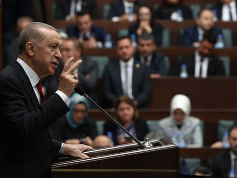 Turkish President and the Leader of the Justice and Development (AK) Party Recep Tayyip Erdogan speaks during his party's group meeting at the Turkish Grand National Assembly in Ankara on November 29, 2023.  