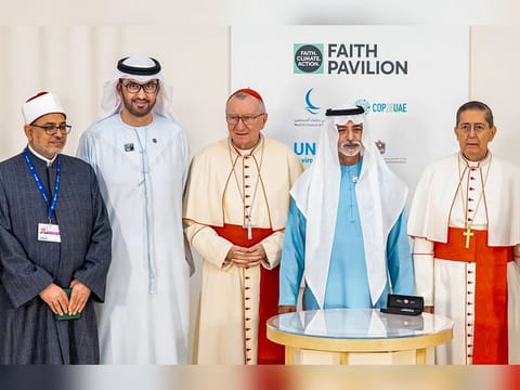 Sheikh Nahyan bin Mubarak Al Nahyan (second from right), UAE Minister of Tolerance and Coexistence with representatives of His Holiness Pope Francis, and of the Grand Imam of Al-Azhar, Ahmed Mohamed Ahmed El-Tayeb, with COP28 President Dr Sultan Al Jaber (second from left) at the Faith Pavilion at COP28 at Expo City Dubai on Sunday 