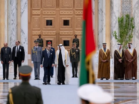 President His Highness Sheikh Mohamed bin Zayed Al Nahyan (R) with His Majesty King Mohammed VI of the Kingdom of Morocco at Qasr Al Watan in Abu Dhabi on Monday