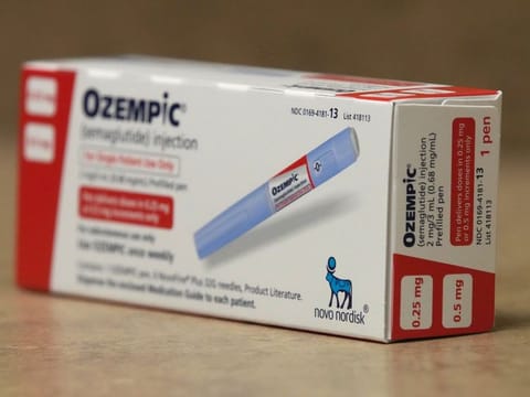 Novo Nordisk A/S Ozempic brand semaglutide medication arranged at a pharmacy in Provo, Utah, US.