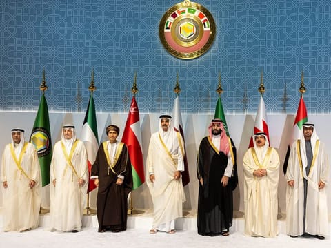 From right: His Highness Sheikh Mohamed bin Zayed Al Nahyan, President of the United Arab Emirates, King Hamad bin Eisa Al Khalifa of Bahrain, Prince Mohammed bin Salman bin Abdul Aziz, Crown Prince, Deputy Prime Minister and Minister of Defence of Saudi Arabia, Sheikh Tamim bin Hamad Al Thani, Emir of Qatar, Sayyed Fahd bin Mahmoud Al Said, Deputy Prime Minister for Cabinet Affairs of Oman, Salem Abdullah Al Jaber Al Sabah, Minister of Foreign Affairs of Kuwait and Jasem Mohammed Al Budaiwi, Secretary General of the Gulf Cooperation Council (GCC), during the 44th session of the Supreme Council of the Gulf Cooperation Council (GCC) in Doha on Decmber 5, 2023.. 