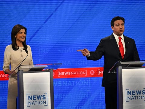Republican presidential candidates Nikki Haley, left, and Ron DeSantis participate in the NewsNation GOP primary debate on Wednesday in Tuscaloosa, Ala.  