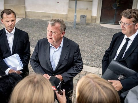 Denmark's Minister of Foreign Affairs Lars Loekke Rasmussen, centre, Minister of Justice Peter Hummelgaard, left and acting Minister of Defense Troels Lund Poulsen address the media after a briefing by members of the Danish Parliament on the international reactions to the Quran burnings, in Copenhagen, Monday, July 31, 2023. 