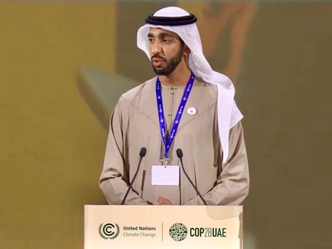 Sheikh Shakhboot bin Nahyan Al Nahyan, Minister of State in the Ministry of Foreign Affairs announces the health package for African youth on Saturday at COP28 in Dubai 