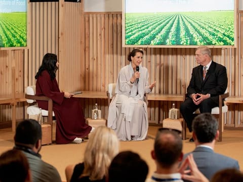 Mariam bint Mohammed Almheiri, Minister of Climate Change and Environment, speaking during session on the Agriculture Innovation Mission for Climate (AIM for Climate) at COP28 in Dubai