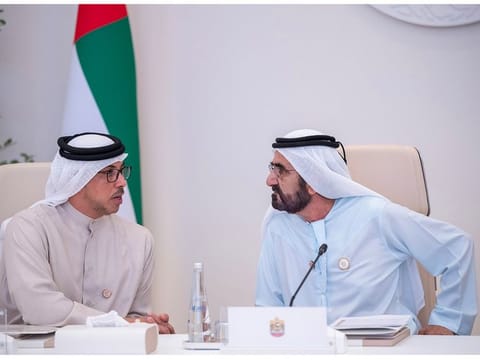 His Highness Sheikh Mohammed bin Rashid Al Maktoum (right), Vice President and Prime Minister of the UAE and Ruler of Dubai, with  Sheikh Mansour bin Zayed Al Nahyan, Vice President, Deputy Prime Minister, and Chairman of the Presidential Court, at the Cabinet meeting at Expo City Dubai on Sunday