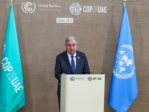 UN Secretary-General António Guterres addressing media at COP28 in Dubai on Monday. 