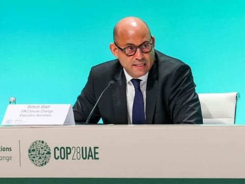 Simon Stiell, executive secretary of the UN Framework Convention on Climate Change (UNFCCC), speaks during COP28 UAE in Dubai.