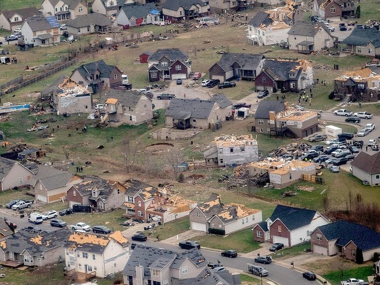 This aerial view from a Blackhawk helicopter shows damaged homes after a series of tornados swept through Tennessee.