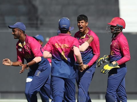 UAE off-spinner Dhruv Parashar celebrates the wicket of Chowdhury Mohammed Rizwan of Bangladesh during the Asia Cup under-19 final.