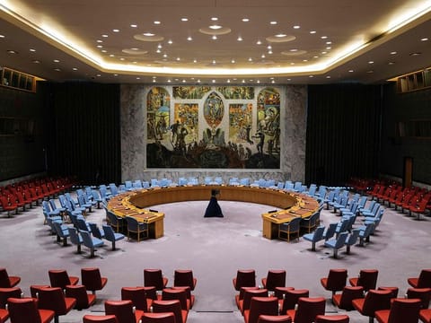 An empty Security Council Chamber is pictured at UN headquarters in New York City on December 20, 2023 prior to a vote on "The situation in the Middle East, including the Palestinian question". The Security Council is expected to vote on a resolution calling for a pause in the conflict,  diplomatic sources told AFP, after previous votes were delayed as members wrangled over wording. 